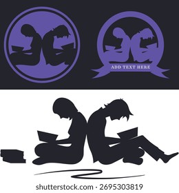Ilustração vetorial de dois alunos lendo livros. Educação, aprendizagem, estudo e conceito de conhecimento em estilo de silhueta preto e roxo