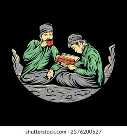 vector illustration of two students studying and drinking coffee