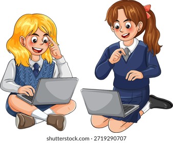 Vector illustration of two students in uniforms sitting on floor using laptops on white background