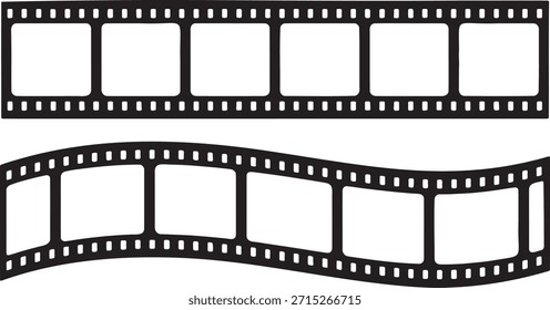 Ilustración vectorial de dos estilos de tira de película negra Marcos negativos Cinema Media Plantilla Video de tira fotográfica para proyectos de edición y Fotografía Diseños clásicos curvos y rectos con perforaciones