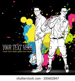 Vector illustration of two stylish guys on a dirty background.