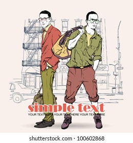 Vector illustration of two stylish guys on a street- background.