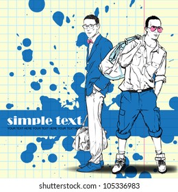 Vector illustration of two stylish guys on a dirty background.