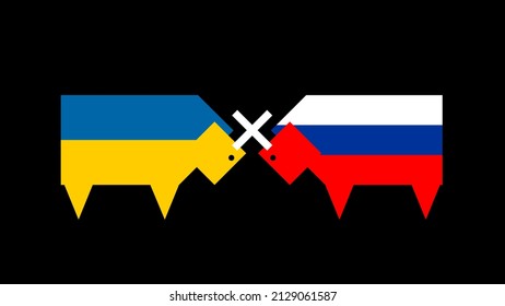 Vector illustration, two stylistic bulls with textures of Ukrainian and Russian flag.