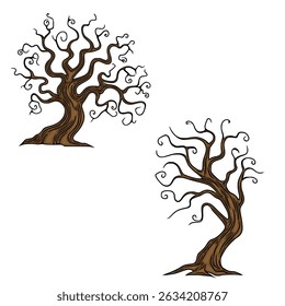 Vector illustration of two stylized bare trees with swirling branches, perfect for Halloween or autumn designs, showcasing unique artistic detail and dark brown color palette.