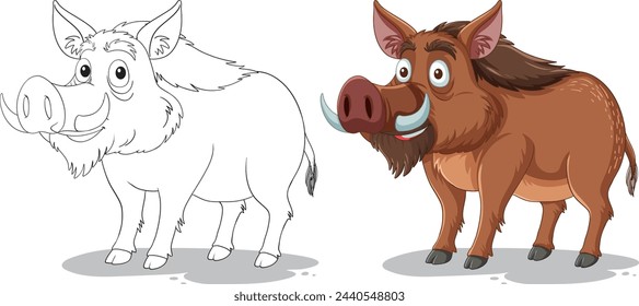 Vector illustration of two stylized boars, colored and outlined.