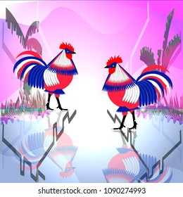 Vector illustration of two stylized bright three-colored chicken roosters on a bright background. The rooster is also a symbol of France. For catalogs, information and guides.