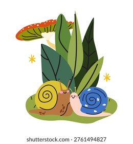 Vector illustration of two stylized cartoon snails in a whimsical garden setting with large green leaves, fly agaric and stars
