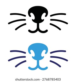 Vector illustration of two stylized cat facial silhouettes represented by nose and whiskers. The top design features a black nose with three black whiskers on each side, while the bottom design shows a blue nose with three dark blue whiskers on each side. This minimalistic artwork symbolizes