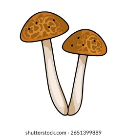 Ilustração vetorial de dois cogumelos agarics de mel estilizados com capas castanhas e caules beges, apresentando uma textura manchada única nas tampas, adequada para desenhos outonais.