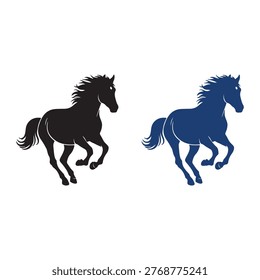 Vector illustration of two stylized horse silhouettes in motion, appearing to gallop or run side by side. One horse is solid black, and the other is solid dark blue, both positioned with dynamic posture and flowing movement. This design symbolizes speed, freedom, nature, and wildlife, 