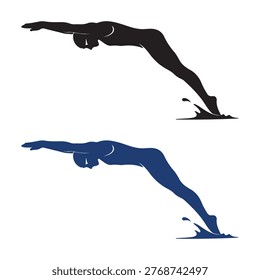 Vector illustration of two stylized human silhouettes diving into water in streamlined positions. The upper figure is black, and the lower figure is dark blue, both with arms extended forward, head down, and legs straight. This design symbolizes sports, swimming, technique, and motion, making it suitable for concepts like diving, athletics, recreation, and water activities. Perfect for use in infographics, sports presentations, and editorial projects related to swimming, fitness, or aquatic themes.
