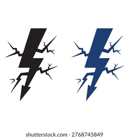 Vector illustration of two stylized lightning bolt silhouettes placed side by side. One bolt is solid black, and the other is solid dark blue, both featuring jagged edges and branching lines resembling electrical sparks. This design symbolizes energy, electricity, power, and speed, making it suitable 