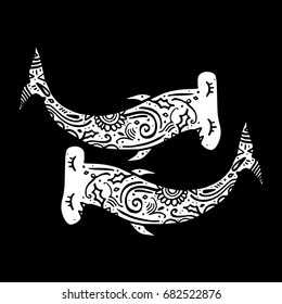 Vector illustration of two stylized shark hammer with a pattern inside on a black background. Graphic arts.