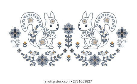 Ilustración vectorial de dos ardillas estilizadas en estilo de arte popular con intrincados patrones florales. Presenta ardillas simétricas rodeadas de flores y hojas decorativas.