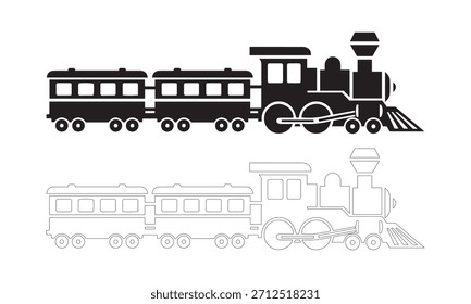 Vector illustration of two stylized trains: a solid black silhouette above a matching outline drawing. Perfect for children's projects, transport icons, or coloring books.