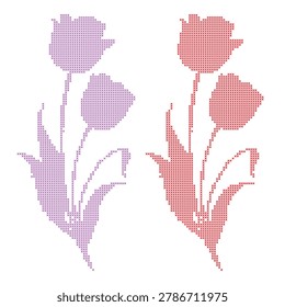 Vector illustration of two stylized tulips in cross stitch pattern with green stems and leaves.