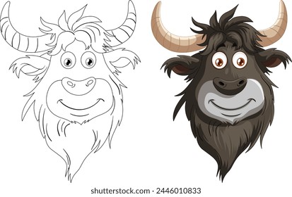 Vector illustration of two stylized yaks, one colored.
