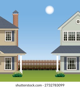 Vector illustration of two suburban houses separated by a wooden fence, featuring different siding colors, white-trimmed windows, and dark roofs. The scene includes a bright sun and a blue sky with clouds, depicting a peaceful residential neighborhood.