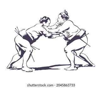 Vector illustration of Two sumo wrestlers fighting in vintage style isolated on white background