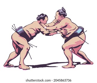 Vector illustration of Two sumo wrestlers fighting in vintage style isolated on white background