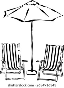 Vector illustration of two sun loungers with an umbrella. Beach chair doodle. Hand-drawn summer vacation illustration.