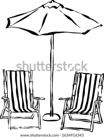 Vector illustration of two sun loungers with an umbrella. Beach chair doodle. Hand-drawn summer vacation illustration.