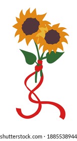 Vector illustration of two sunflowers with red ribbon