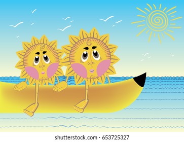 Vector illustration of two suns floating on banana boat. Banana ride, competition, vacation concept. For summer, sport, travel themes