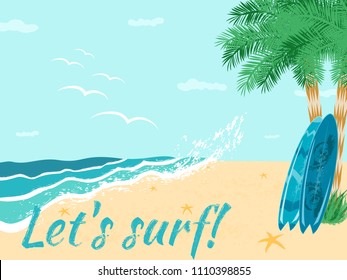 Vector illustration of the two surfboards on the beach with palm trees.