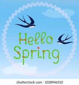 Vector illustration of two swallows flying in the blue sky and around the light clouds. Hello Spring greetings