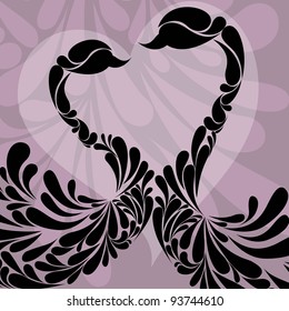 Ilustración vectorial de dos cisnes de color negro hechos con diseño floral en color púrpura de fondo decorado para San Valentín y otras ocasiones.
