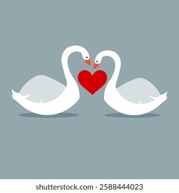 Vector illustration of two swans with a red heart between them in cartoon style. A romantic and elegant scene symbolizing love, perfect for Valentine's Day, weddings, and designs