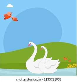 Vector Illustration Of Two Swans Swimming Together Against Backdrop Of Green Pastures 