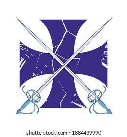 Vector illustration of two swords clashing over a cross. Ideal design for chivalry and adventure comics.