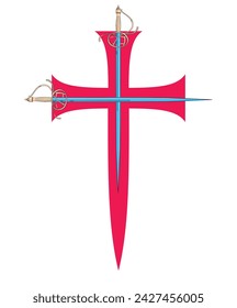 	
Vector illustration of two swords clashing over a red cross. Ideal design for chivalry and adventure comics.	