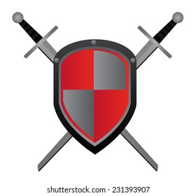 Vector illustration of two swords and red shield