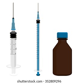 Vector illustration two syringe and brown glass bottle with blue screw cap. For medicine, syrup, pills, tabs. Packaging collection. Medical equipment