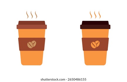Vector illustration of two takeaway coffee cups with steam and coffee bean logo. A colorful flat design ideal for café branding, menu icons, beverage packaging, or morning coffee visuals.