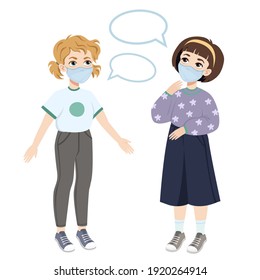 Vector illustration of two talking girls in face masks.