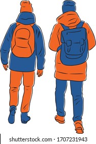 Vector illustration of two teen boys going outdoors