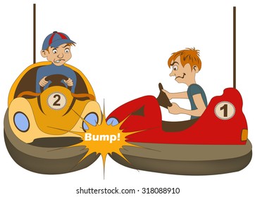 Vector illustration of two teenage bumper car drivers bumping each other.