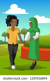 A vector illustration of Two Teenagers in a Park 