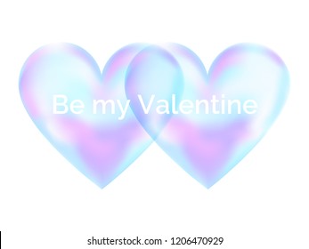Vector illustration of two tender airy mesh pink and blue heart isolated on the white background. Text Be my Valentine.
