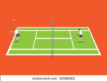 Vector illustration of two tennis players in tennis court from top view isolated on bright orange background.