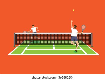 Vector illustration of two tennis players in tennis court and one serving tennis ball isolated on bright orange background.
