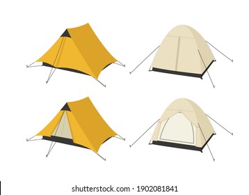 Vector illustration of two tents in open and closed state. Hand-drawn set isolated on white. Suitable for illustrating things for travel, camping gear stores, an illustration of nature tourism.