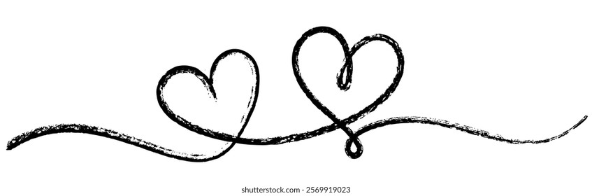 Vector illustration of two textured black hearts connected by swirling, flowing lines, symbolizing love and unity.