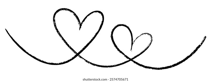 Vector illustration of two textured black hand-drawn hearts connected by curved lines, representing love and unity.