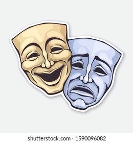 Vector illustration. Two theatrical comedy and drama mask. Sickness in psychology of bipolar disorder. Positive and negative emotion. Movie industry. Sticker with contour. Isolated white background